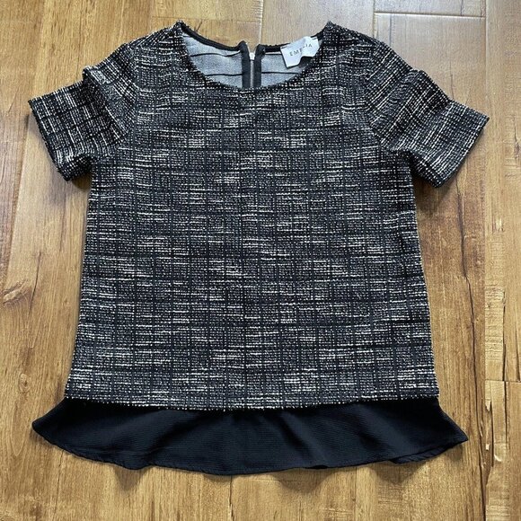 Emelia Women Black Short Sleeve Top‎ Small S Ruffle Multicolor - Picture 1 of 7